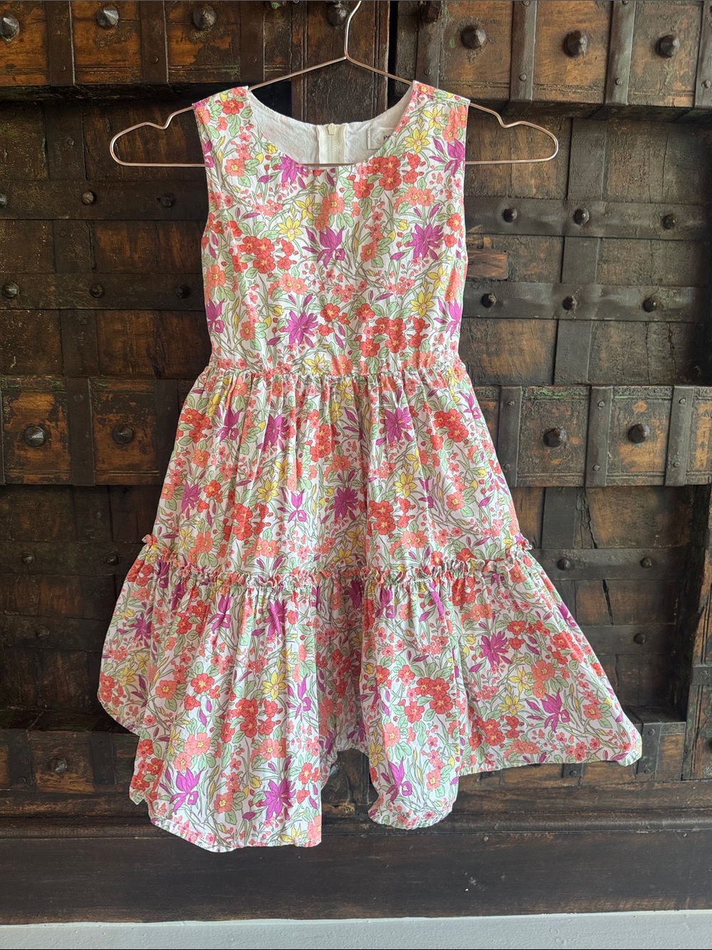 Popatu Floral Tiered Summer Dress for Girls - Pink & Orange